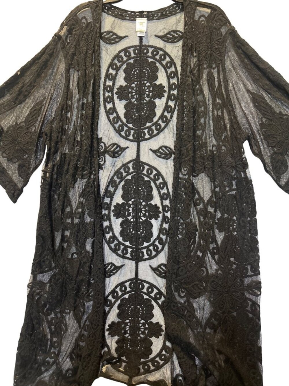 Time and Tru Black Sheer Floral Embroidered Kimono Cardigan Open Front Lightweig